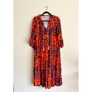 Vibrant Orange & Navy Maxi Dress with Tie Neck